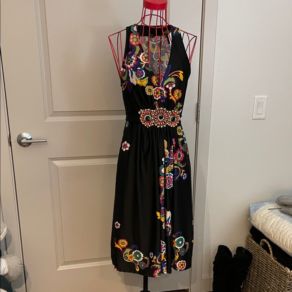 ECI New York Black Dress with Colorful Floral Patterns and beading!